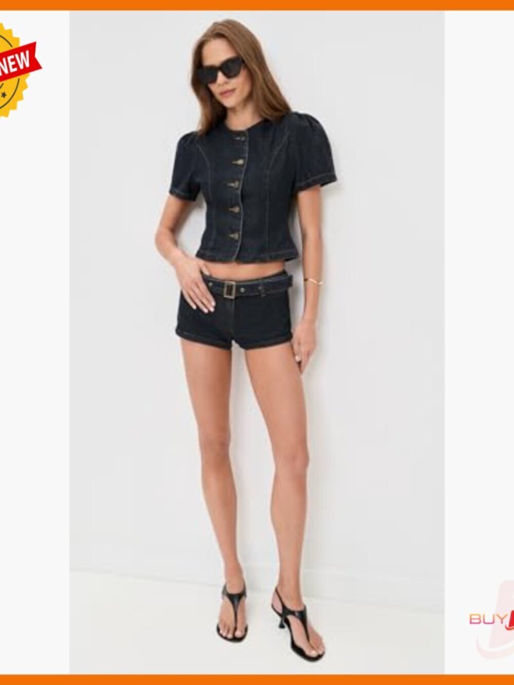 Denim Blouse with Puff Sleeves, Button Placket, Standard Length - Picture 3 of 6